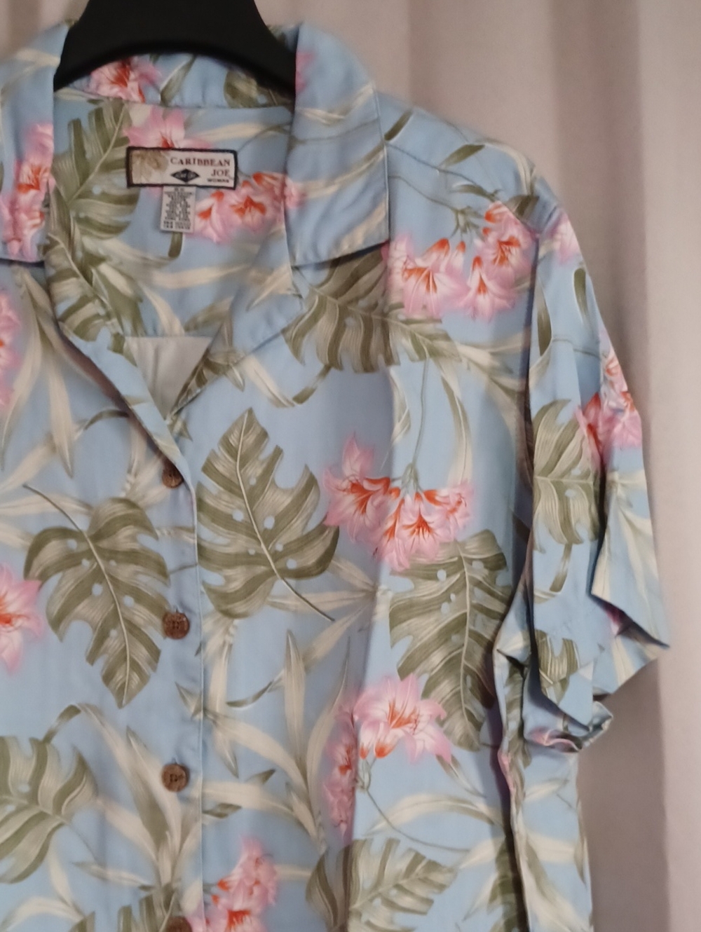 Vintage Caribbean Joe Women's Plus 2X Tropical Hawaiian Shirt Pastel Blue Pink - Picture 5 of 14